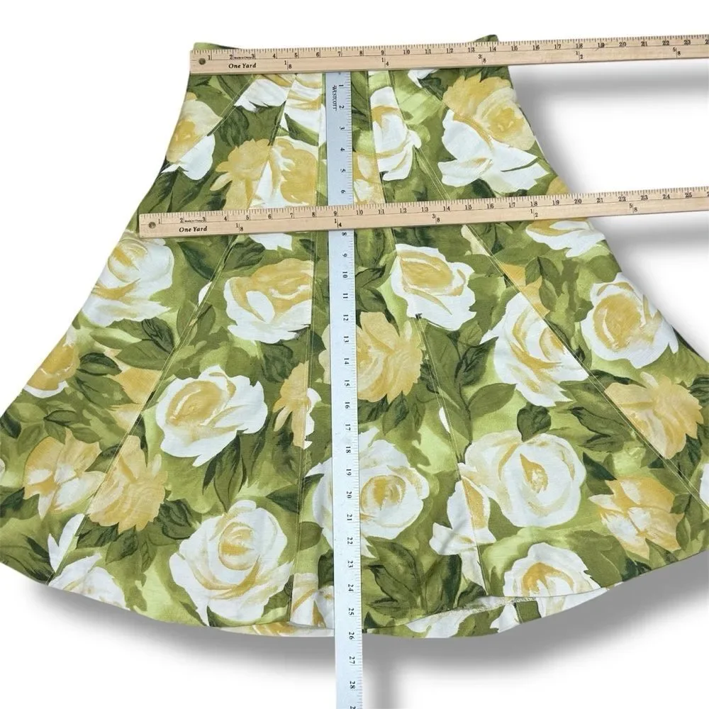 Premise Floral Roses Linen Blend A Line Flare Midi Skirt Lime Green Yellow 4‎